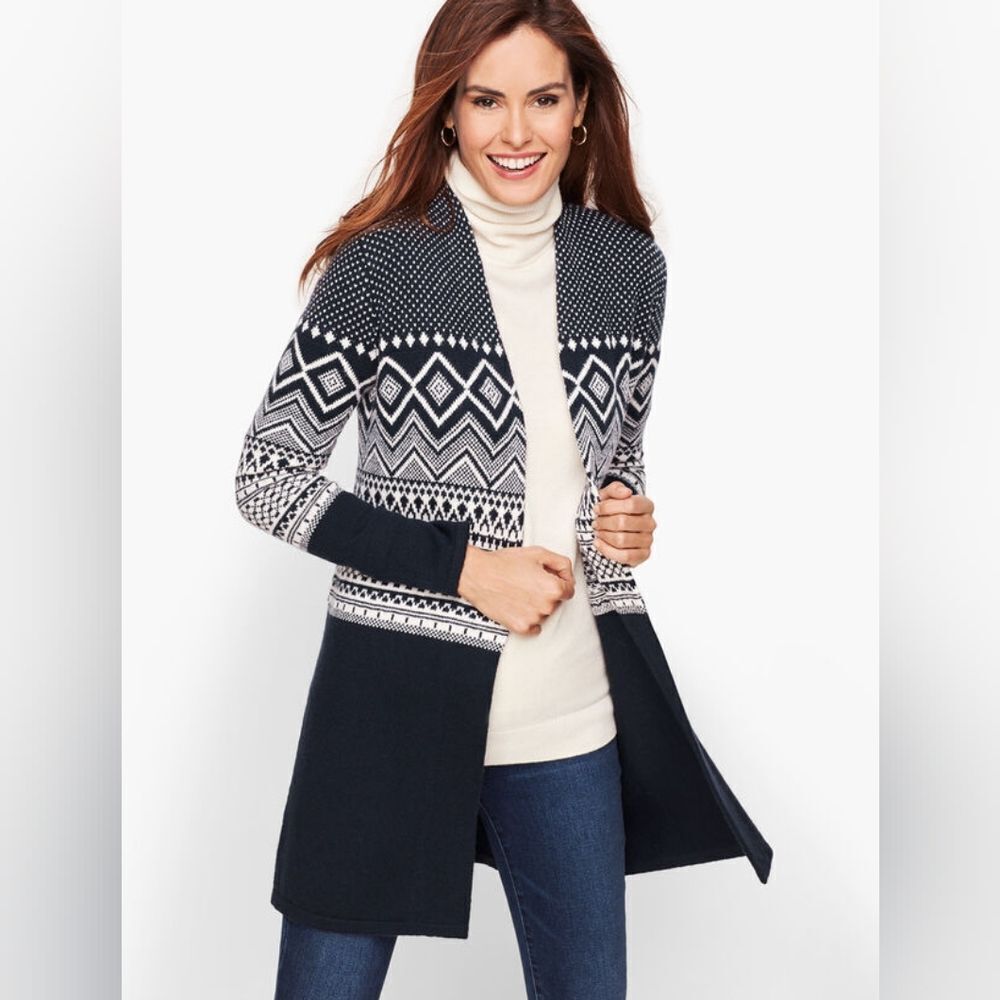 Talbots Black and White Nordic Open-Front Cardigan L
